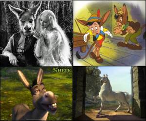 Donkeys in Transition.  Top left:  James Cagney as Nick Bottom, with Anita Louise as Titania in the 1935 production of A Midsummer Night’s Dream (via “The Many Faces of Nick Bottom” on Shakespeare Talks).  Top right:  Pinocchio turns into a donkey, from the 1940 Walt Disney film, Pinocchio, via The Disney Wiki.  Bottom Left:  Donkey (voiced by Eddie Murphy) in Shrek the Third (via HD Wallpapers).  Bottom Right:  Donkey as Stallion in Shrek II (via Wiki Shrek).